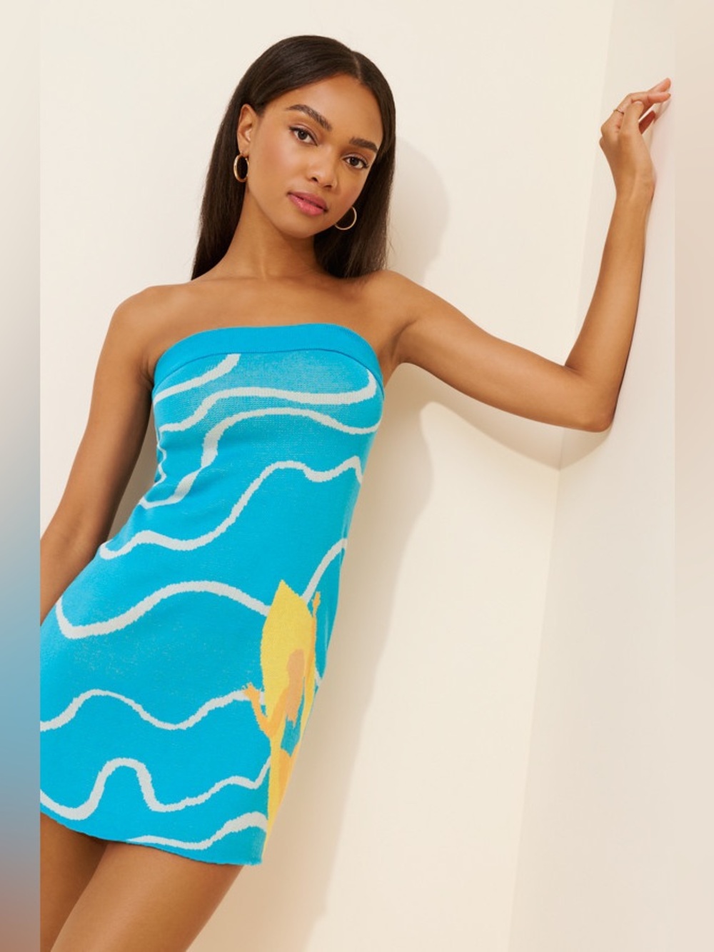 Celandine by Anthropologie Strapless Sweater Dress - Surfboard Wave Print